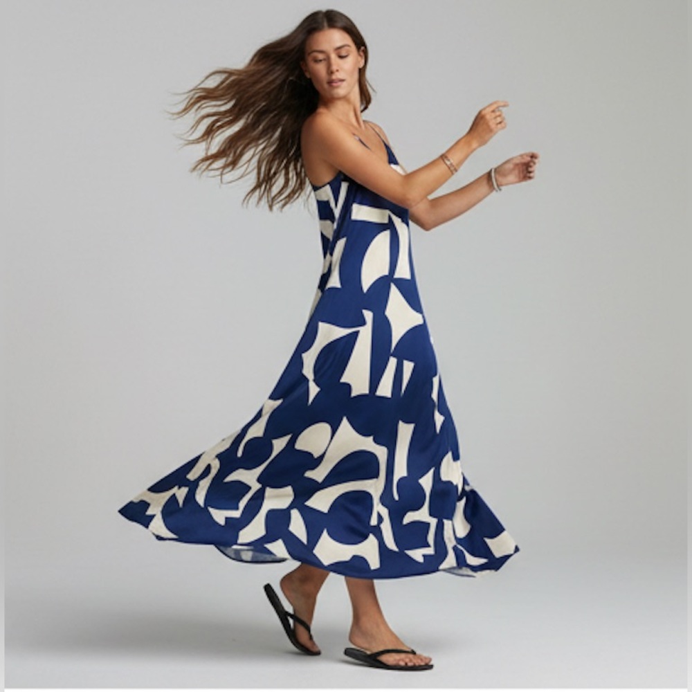 Navy Blue & White Abstract Geometric Maxi Dress | Open Back Beaded Strap - Picture 6 of 12